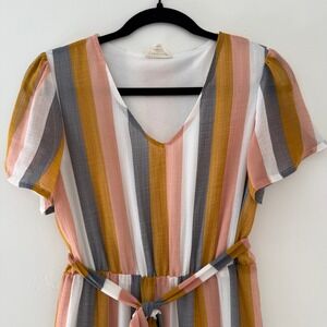 Orange Creek Los Angeles Striped V-Neck Maxi Dress Short Sleeve Boho Pink S